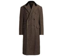 Stillluxury Double-Breasted Mens Overcoat Herringbone Pattern Coat with Corduroy Collar Elegant Below the Knee Length Dark Brown Size XL
