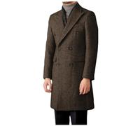 Stillluxury Men's Double Breasted Overcoats Warm Long Sleeve Herringbone Tweed Formal Work Pea Coat with Pockets Dark Brown Size XL
