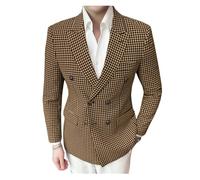 Stillluxury Men's Houndstooth Pattern Blazer Jacket Double Breasted Slim Fit Sports Coat for Outdoor Events Brown Size M