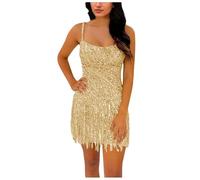 Stillluxury Spaghetti Straps Homecoming Dress for Teens Sparkly Sequin Bodycon Mini Club Party Gown with Tassel Gold Size UK20/EU48
