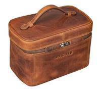 STILORD 'Aden' Wash Bag Large Leather Toilet Bag Travel Cosmetic Organiser with Zipper and Handle Wash Kit Vintage Genuine Leather, Colour:Kara - Cognac