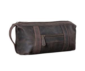 STILORD "Bruno" Men's Wash Bag Vintage Leather Travel Toilet Bag Toilet Kit with Wrist Strap 2 Compartments Overnight Wash Gym Bag Colour:Dark - Brown