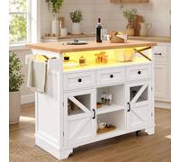 STILVORA Mobile Kitchen Island Cart with LED & USB in White STILVORA White