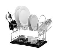 STINGRAY 2-Tier Dish Drying Rack - Large Chrome-Plated Kitchen Dish Rack with Utensil Holder, Cup Rack & Removable Drip Tray - Rustproof, Space-Saving Countertop Organizer - Black