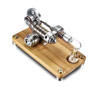 Stirling Engine Model Kit That Works, Fully Assembled Gamma Shape Stirling Engine with LED Lights & Natural Bamboo Base, Science Experiment & Physics Educational Kit for Adults