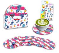Stitch and Angel Coaster Set - Disney Home Decor Bundle with 6 Tin Coasters with Storage Container Plus Stickers, More | Stitch and Angel Coasters for Coffee Table