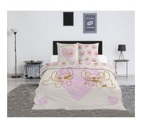 Stitch and Angel Double Duvet Cover 240x220 + 2 Pillowcases Pink Beige | Reversible double bedding | Tender hug among hearts | Soft rosy tones | Official Disney licence