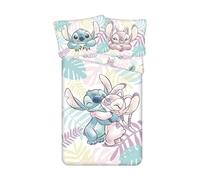 Stitch and Angel Leaves Single Duvet Cover 140x200 + Pillowcase 70x90 Gift | Reversible bedding | Natural cotton breathable Oeko-Tex | Official Disney Lilo & Stitch | Teens | Gift | Machine washable