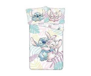 Stitch and Angel Leaves Single Duvet Cover 140x200 + Pillowcase 70x90 Gift | Reversible bedding | Natural cotton breathable Oeko-Tex | Official Disney Lilo & Stitch | Teens | Gift | Machine washable