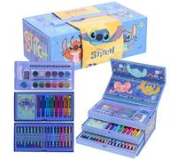 Stitch Colouring Case for Kids - 52 Piece Blue Colouring Set with Paint Box, Colouring Pencils, Felt Tip Pens & Wax Crayons - 3-Tier Drawing Case - Creative Set & Gift for Boys & Girls from 3 Years