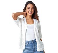 Roman Stitch Detail Knit Cardigan for Women UK - Ladies Spring Everyday Summer Holiday Short Sleeve Soft Pointelle Fabric Comfy Edge to Edge Daywear Lightweight Cardigan - Ivory - Size 20