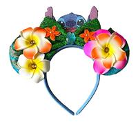 Stitch Flowers Disney Minnie Mouse Inspired Girls Alice Headband With Big 5" Green Sequin Top Bow and Flowers Handmade