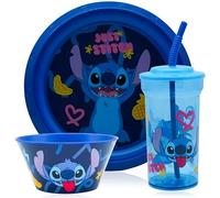 Stitch Kids Tableware Set, BPA Free 460ml Tumbler with Straw, 21.5cm Raised Edge Plate & 14.5cm Bowl - Reusable Plastic Dinner Set for Toddlers & Children 4+ Years