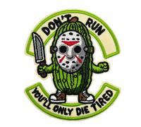 Stitch-Witch Don't Run You'll Only Die Tired, Holloween Horror Pickle Jason Embroidered Iron On Patch, Pickle gifts, Horror Film Gifts