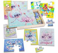 Stitch Wooden Jigsaw Puzzle 5 Pack - Stitch and Angel Wood Puzzles Bundle with Holding Tray, Tattoos, Activity Book, More | Disney Toys for Kids