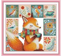 Stitchhaven 14CT Cute Animal Counted Cross Stitch Kit for Beginners, Unprinted Complete DIY Embroidery Set with Pattern & Tools, Premium Aida Cloth & Threads (The Fox Drinking Coffee)
