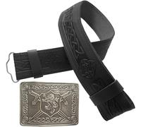 STITCHIFY Traditional Scottish Leather Kilt Belt and Antique Saltire Rampant Lion Shield Buckle (Celtic Embossed/Rampant Lion Buckle Black Set, M)