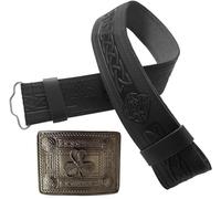 STITCHIFY Traditional Scottish Leather Kilt Belt and Antique Shamrock Buckle (Celtic Embossed/Shamrock Buckle Black Set, XL)