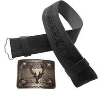 STITCHIFY Traditional Scottish Leather Kilt Belt and Antique Stag Head Buckle (Celtic Embossed/Stag Head Buckle Black Set, M)