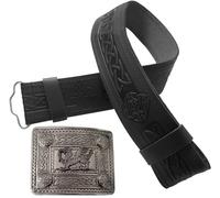 STITCHIFY Traditional Scottish Leather Kilt Belt and Antique Welsh Dragon Buckle (Celtic Embossed/Dragon Buckle Black Set, M)