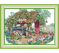 Stitchmelody 14CT Counted Cross Stitch Kits,Unprinted Pattern Embroidery Set,DMC Threads-Flower Cabin 44cm×33cm