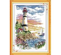 Stitchmelody 14CT Counted Cross Stitch Kits,Unprinted Pattern Embroidery Set,DMC Threads-Lighthouse 30cm×40cm