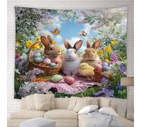 STKKST Spring Easter Tapestry Cute Bunny Eggs Funny Rabbit Flower Butterfly Garden Scenery Wall Hanging for Bedroom Living Room Home Decor(59" Wx51 H)