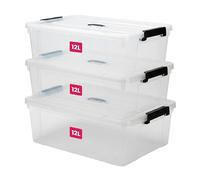 STL Clear Plastic Storage Boxes with Lids, Heavy-Duty Durable Stackable Plastic Storage Containers, Underbed Storage Boxes, Secure Clip-Lock Lid for Home, Office, Kitchen, Toys (3, 12ltr)