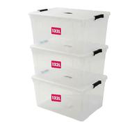 STL Clear Plastic Storage Boxes with Lids, Heavy-Duty Durable Stackable Plastic Storage Containers, Underbed Storage Boxes, Secure Clip-Lock Lid for Home, Office, Kitchen, Toys (3, 132ltr)