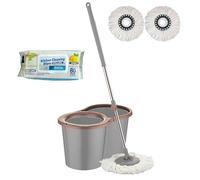 STL Spin Mop and Bucket Set with 2 Microfiber Mop Heads & 80 Kitchen Cleaning Wipes Combo - Heavy-Duty Cleaning System for Home, Office & Industrial Floors(Grey/Pink)