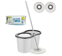 STL Spin Mop and Bucket Set with 2 Microfiber Mop Heads & 80 Kitchen Cleaning Wipes Combo - Heavy-Duty Cleaning System for Home, Office & Industrial Floors(White/Grey)