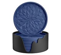 STLIAN Silicone Coasters with Holder,[6 Pack] Drinking Coasters - Cup Mat for Hot or Cold Drinks, Thickened, Non-Slip, Non-stick,Deep Tray Navy Blue
