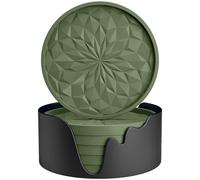 STLIAN Silicone Coasters with Holder,[6 Pack] Drinking Coasters - Cup Mat for Hot or Cold Drinks, Thickened, Non-Slip, Non-stick,Deep Tray Olive Green