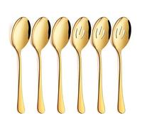 STmea 6 Pack Serving Spoons Set, 3 Large Serving Spoons, 3 Slotted Serving Spoons, Stainless Steel Buffet Dinner Restaurant Serving Spoons Set, 9.8 Inch (Gold)