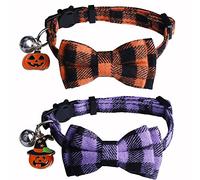 STMK 2 Pack Halloween Plaid Cat Collars with Bow Tie Bell, Breakaway Adjustable Pumpkin Cat Kitten Collars with Bowtie Bell for Halloween Cats Kittens Costume Decorations