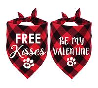 STMK 2 Pack Red Valentine's Dog Bandanas, Free Kisses & Be My Valentine Plaid Dog Puppy Bandana for Dogs (Small, Cotton, Red, Plaid)