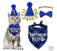 STMK Cat Birthday Decorations, Cat Birthday Hat with Number Bandana Bow Tie Collar for Cats Kittens Apparel Birthday Outfits