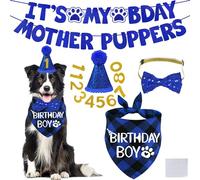 STMK Dog Birthday Decorations, Multi Sizes Dog Birthday Hat Dog Birthday Bandana Boy Bow Tie Birthday Numbers It’s My Bday Mother Puppers Banner for Medium Large Dogs Pets (Large, Blue)
