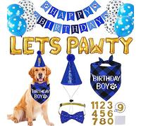 STMK Dog Birthday Decorations, Multi Sizes Dog Birthday Hat with Numbers Bandana Bow Tie Banner LETS PAWTY Balloons for Large Extra Large Dogs Pets (X-Large, Blue)