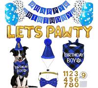 STMK Dog Birthday Decorations, Multi Sizes Dog Birthday Hat with Numbers Bandana Bow Tie Banner LETS PAWTY Balloons for Small Medium Dogs Pets (Small, Blue)