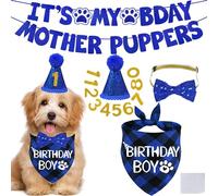 STMK Dog Birthday Decorations, Multi Sizes Dog Birthday Hat with Numbers Bandana Bow Tie It’s My Bday Mother Puppers Banner for Small Medium Dogs Pets (Blue, Small)