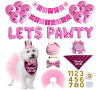 STMK Dog Birthday Outfit, Dog Birthday Bandana Girl with Dog Birthday Number Hat Bowtie Tutu Skirt Cake Toy Lets Pawty Paw Balloons Dog Happy Birthday Banner for Dog Puppy Birthday Party Supplies