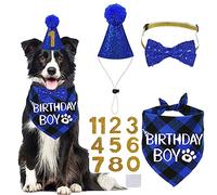 STMK Multi Size Dog Birthday Hat & Bandana - Boy Bow Tie Birthday Numbers for Medium Large Dogs (Large, Blue)