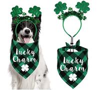 STMK Set of 2 St. Patrick's Day Dog Bandana Outfits, Green Plaid & Shamrock Dog Bandanas & Headband Costumes for Small, Medium, Large Dogs