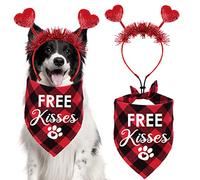 STMK Valentine’s Day Dog Bandana & Headband Set, Red Plaid & Heart Design, Small to Large (10-24 inches), Cotton, Unisex, Valentine’s Day, Love, Unique Design, Adjustable, Lightweight