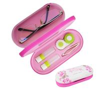 STNRST-IN 2 in 1 Contact Lens and Glasses Case, Double Sided Portable Eyeglass Lens Box Holder for Travel, Contact Case Kit with Built-in Mirror, Tweezer and Contact Lens Solution Bottle (Pink)