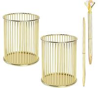 STNRST-IN 2 Pack Gold Pencil Holder, Metal Wire Pen Holder for Desk Cute, Makeup Brushes Holder, Pen Cup for with 2 Pens, Desk Organizer Gold for Home Office School Supplies and Accessories