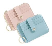 STNRST-IN 2PCS Credit Card Holder, Small Leather Pocket Wallet, Mini Card Organizer Case, Cute Elegant Wallet Wristlet with Smooth Metal Zipper and ID Window for Women Men Girls Ladies(Blue Pink)