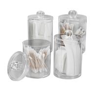 STNRST-IN 4 PCS Clear Acrylic Cotton Bud Holder, Round Plastic Cotton Pad Dispenser with Lids, Transparent Makeup Storage Bathroom Jars for Cosmetic Swabs Dental Picks Hair Clips