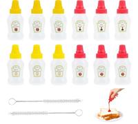 STNRST-IN12 PCS Mini Ketchup Bottles, 25ml Portable Condiment Squeeze Bottle, Plastic Squeeze Bottles for Sauces with 2 Cleaning Brushes, Refillable Squeeze Containers for Picnic Salad Dressing